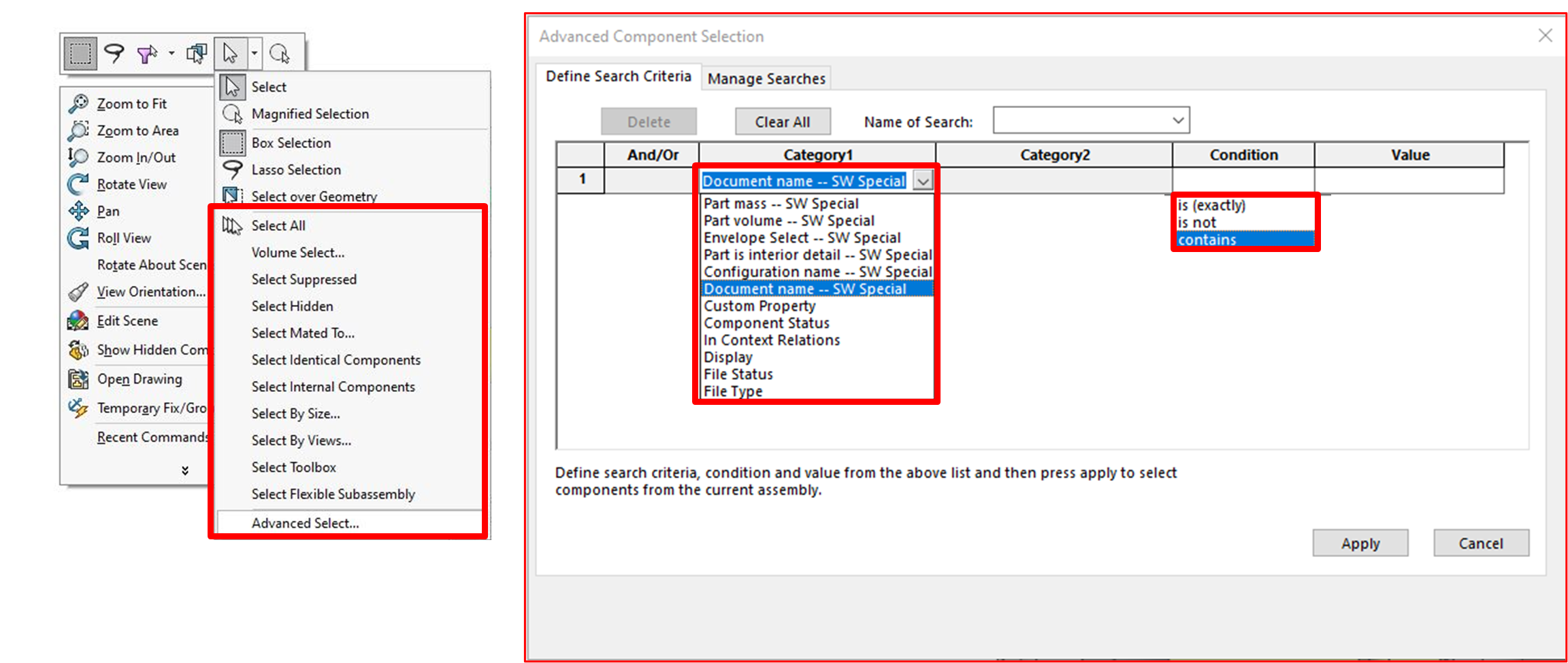 Advanced select solidworks
