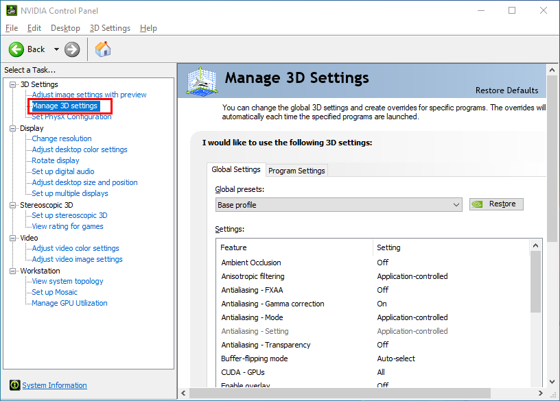 manage 3d settings