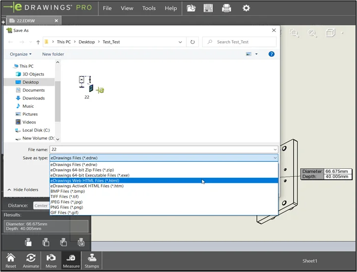 Open file in eDrawings (Measure tool is enabled)