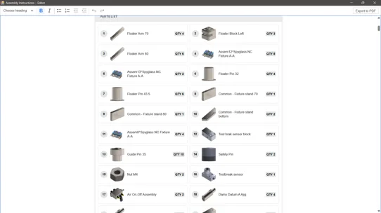 Auto-generated parts list with images, item numbers, and quantities