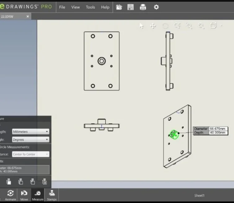Open file in eDrawings (Measure tool is enabled)